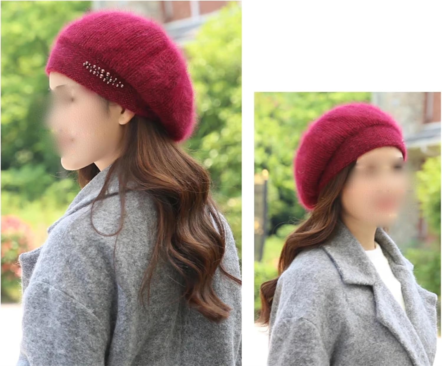 Women's Winter Warm Double Layer Angora Beret Cap with Pearl Girl's Fall Outdoor Thicken Thermal Snow Skiing Beanie Hats