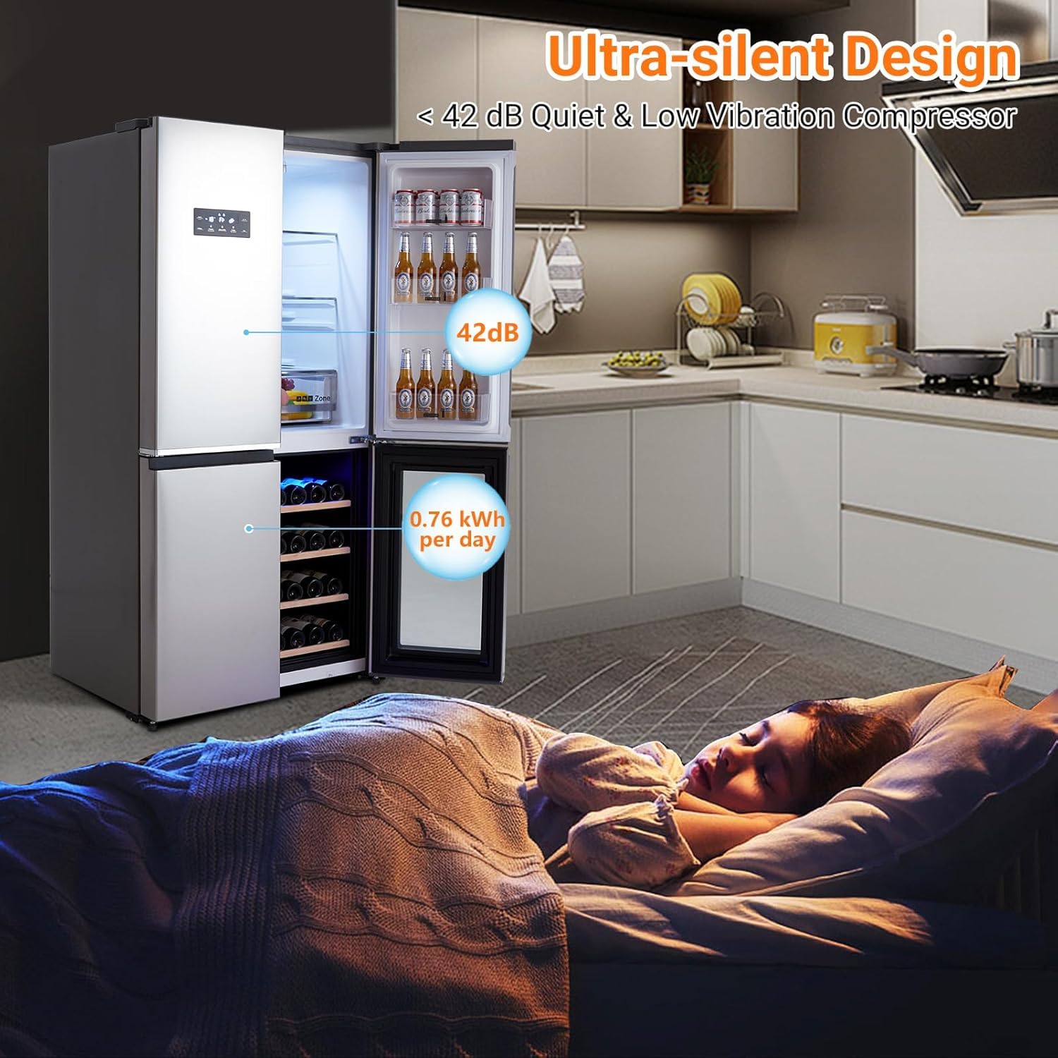 Milleloom 21 Cu. Ft French Door Counter Depth Stainless Steel Refrigerators With 4 Doors, Bottom Freezer, Interior LED Light, And Wine Cooler – Perfect For Kitchen, Office on Fridge.com - View 4