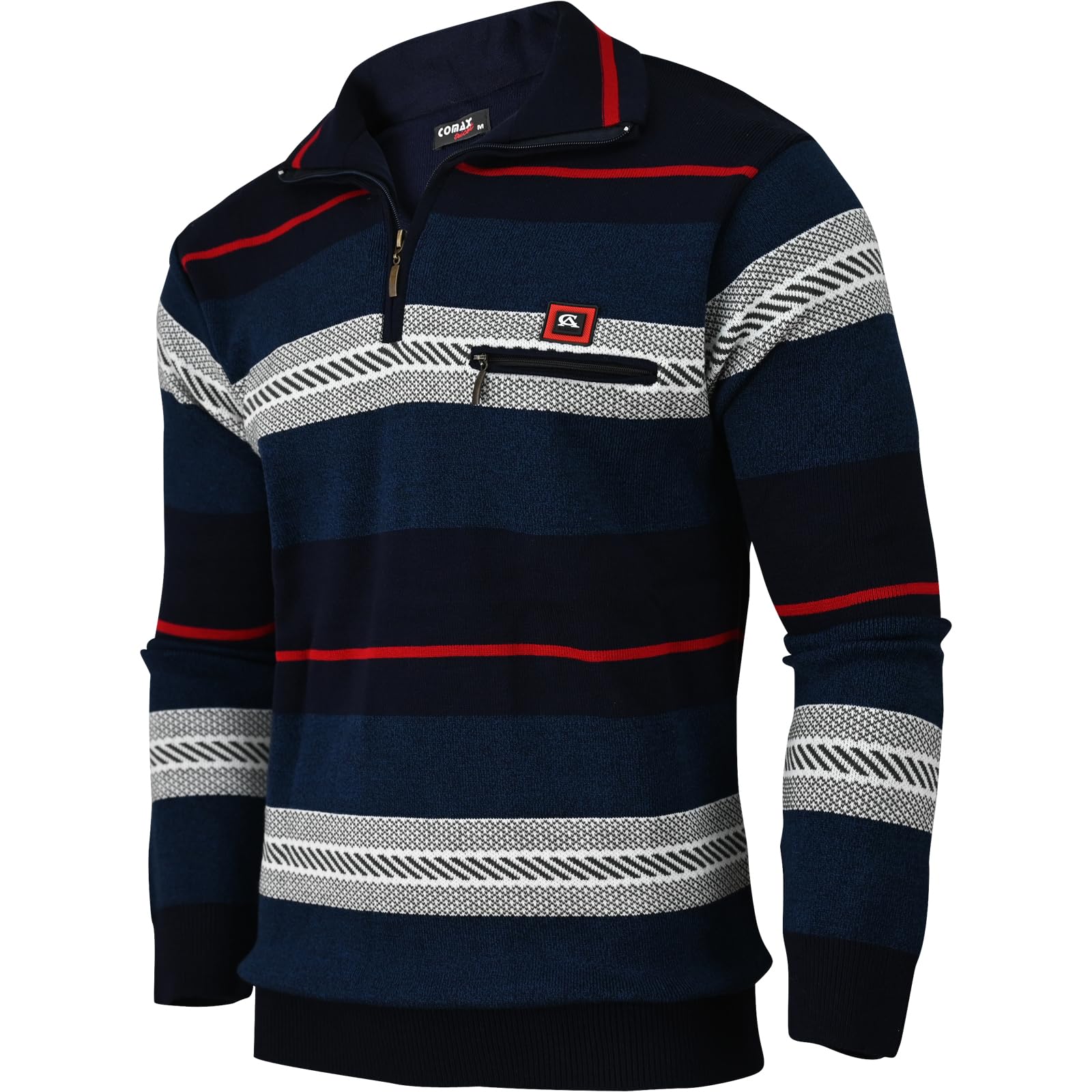 Soltice Herren Langarm Sweatshirt mit Brusttasche, Gestreifter Strickpullover mit Kragen, Meliert, Winter Baumwoll Poloshirt (M bis 3XL) - 1