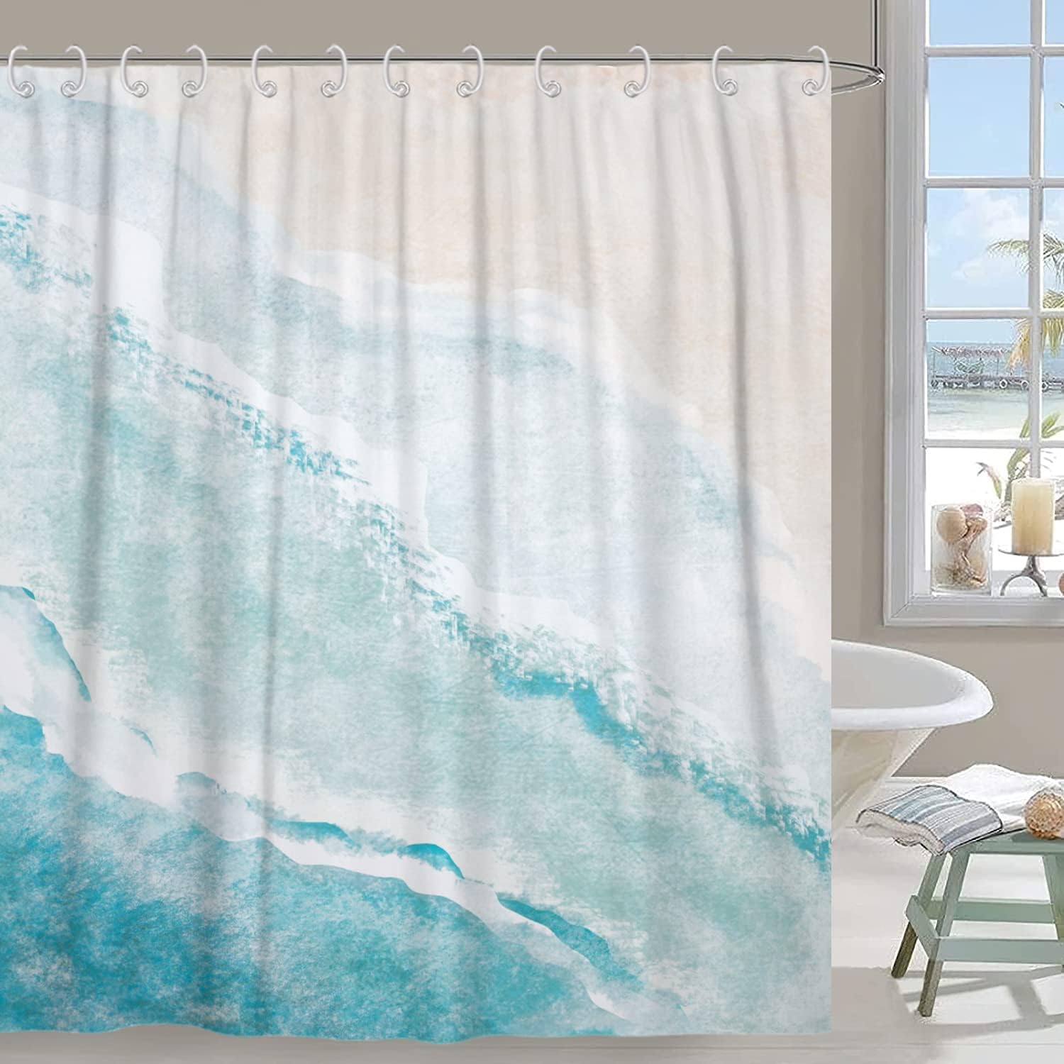 Beach Shower Curtain, Teal Blue Coastal Ocean Beach Theme Bathroom Curtain Waterproof Fabric Machine Washable with Hooks,72'' Wx78 L (GCI-10092)
