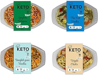 Keto Chef Instant Curry Noodle Meals - Spaghetti Bolognese, Thai Red Noodles, Bangkok Green Noodles, Teriyaki Chick'n - Konjac Vegan Meal | High in Protein, Pack of 4 (370g)