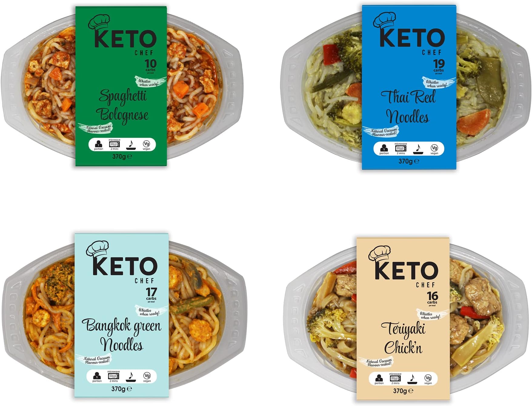 Keto Chef Instant Curry Noodle Meals - Spaghetti Bolognese, Thai Red Noodles, Bangkok Green Noodles, Teriyaki Chick'n - Konjac Vegan Meal | High in Protein, Pack of 4 (370g)