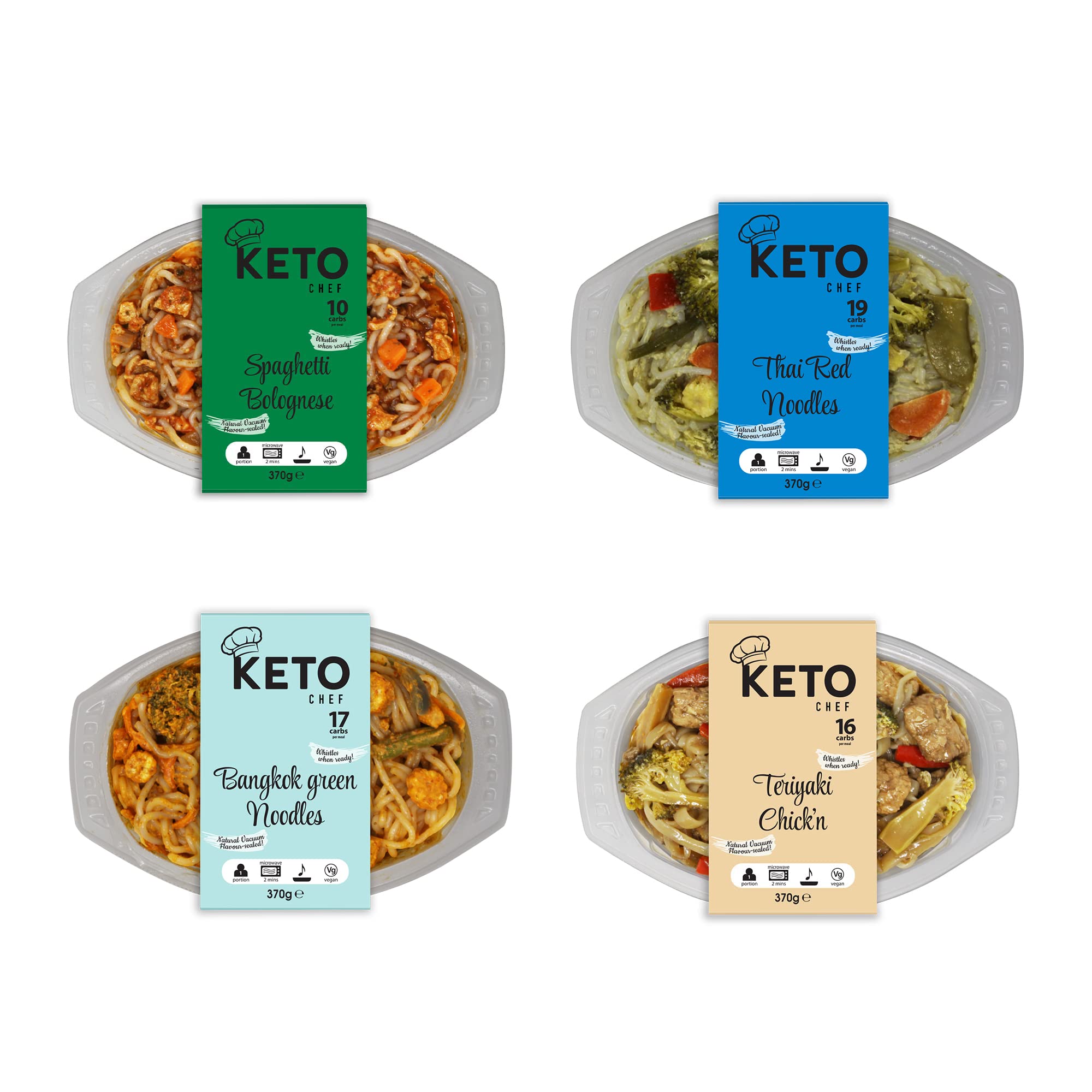 Keto Chef Instant Curry Noodle Meals - Spaghetti Bolognese, Thai Red Noodles, Bangkok Green Noodles, Teriyaki Chick'n - Konjac Vegan Meal | High in Protein, Pack of 4 (370g)