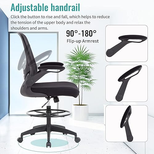 Miniatura 8 de BestOffice Silla de dibujo alta de oficina con anillo ajustable para pie y brazos abatibles, silla de escritorio de pie ejecutiva con ruedas para