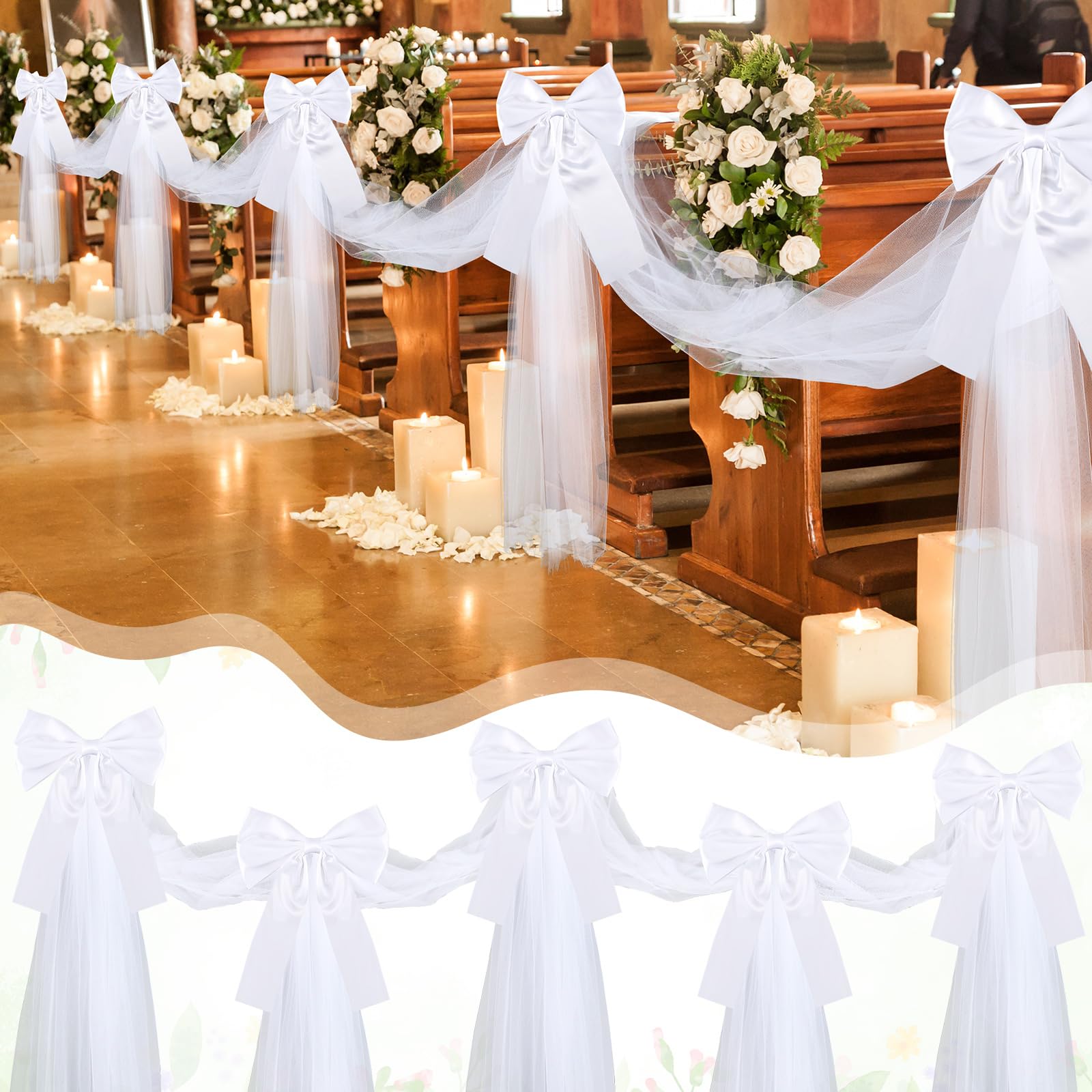 12 Stück große weiße Hochzeitsschleifen mit Satinschleife mit 30 m Stoff, Tüll, Kirche, Stuhl, Gang-Dekorationen für Hochzeitskleid, Schleife, Brautparty, Empfang, Geburtstag, Muttertag