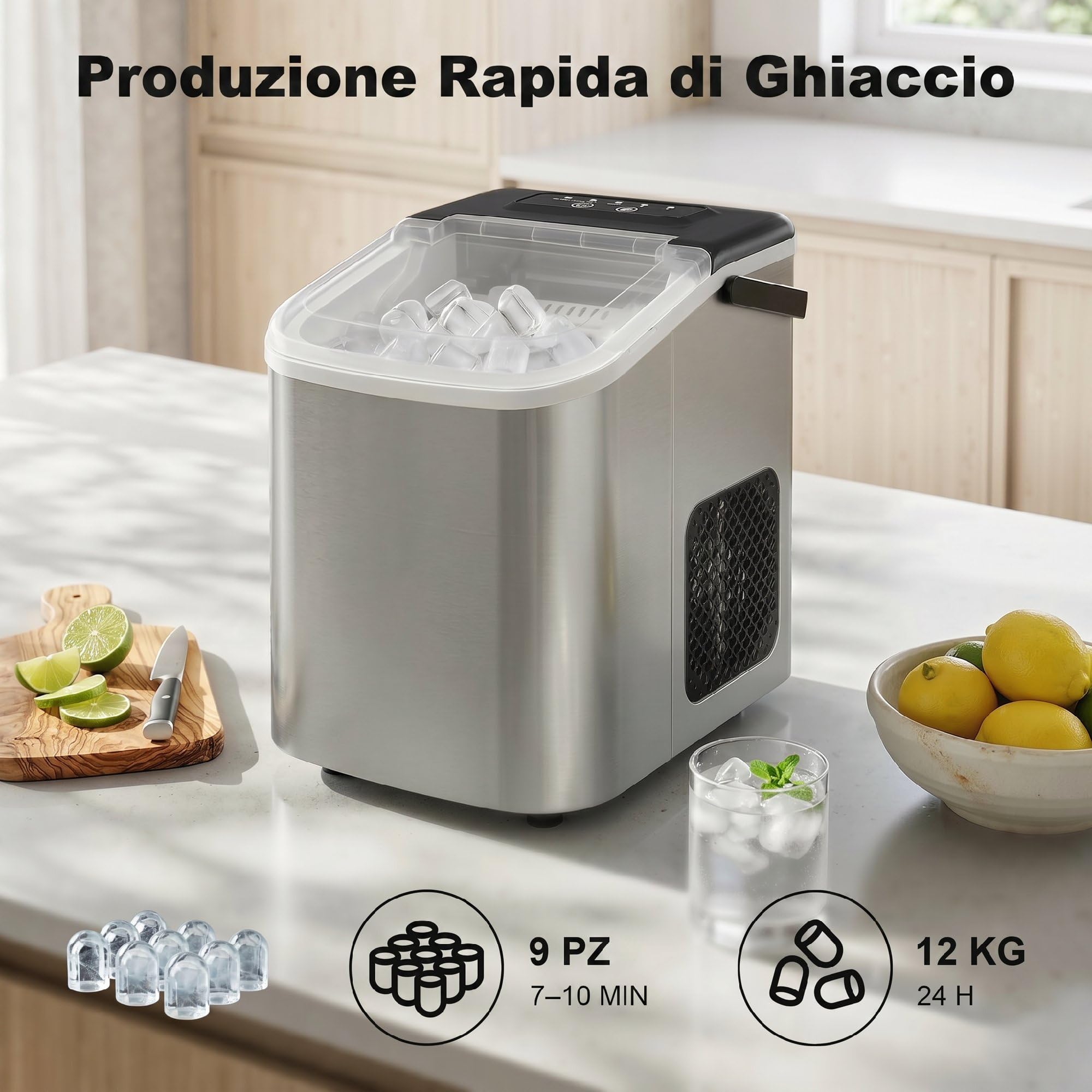 HOMCOM Macchina Ghiaccio 12kg/24h, Autopulente Macchina del Ghiaccio 9 Cubetti in 7-10Minuti, Acciaio Inox, 2 Dimensioni, Serbatoio 1.2L, Portatile, Silenzioso, Cestello Paletta, Casa Ufficio, Argento