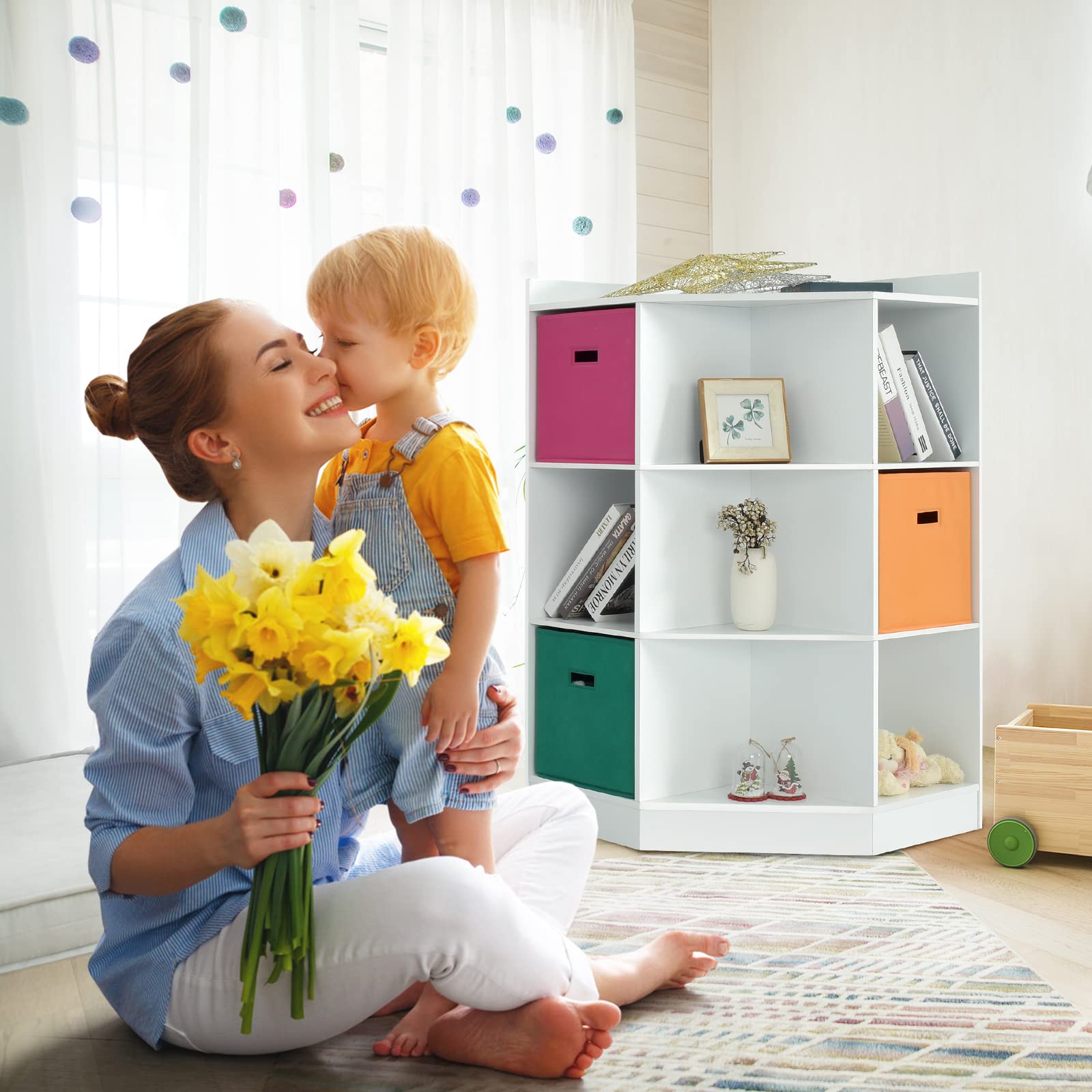 GOPLUS Hoekkast met 9 vakken, 3 stoffen laden, MDF, bakplaten, ruimtebesparend design, eenvoudige montage, bijzetkast voor woonkamer, werkkamer, kinderkamer, slaapkamer (wit