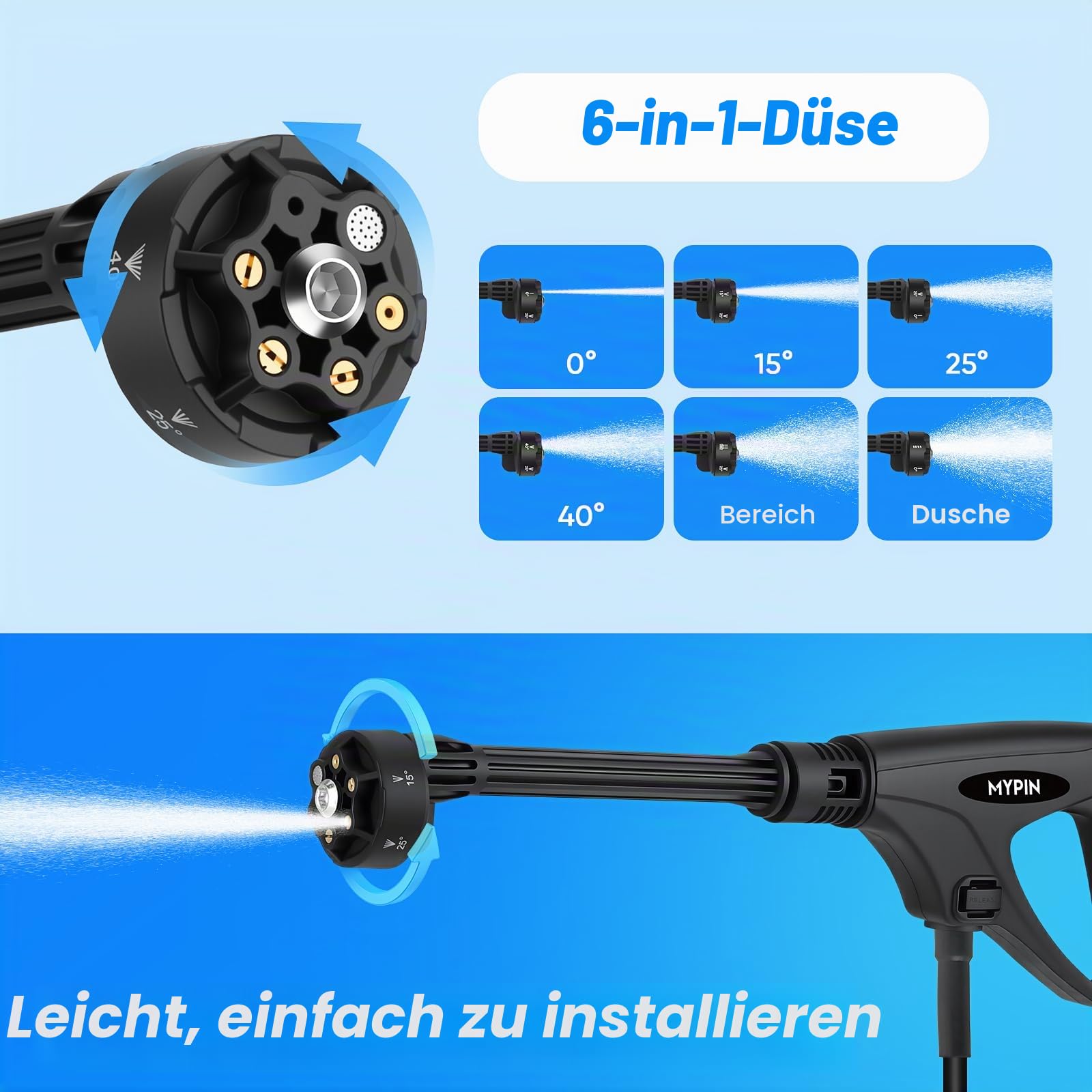 MYPIN klappbarer kabelloser Hochdruckreiniger 3.4Gallon Tank, 6-in-1 Düse, 7 einstellbare Druckstufen, Max 660 PSI, 7M Schlauch, Sprühreiniger mit Rädern für Auto Boden Wand Zaun, Haustier Reinigung