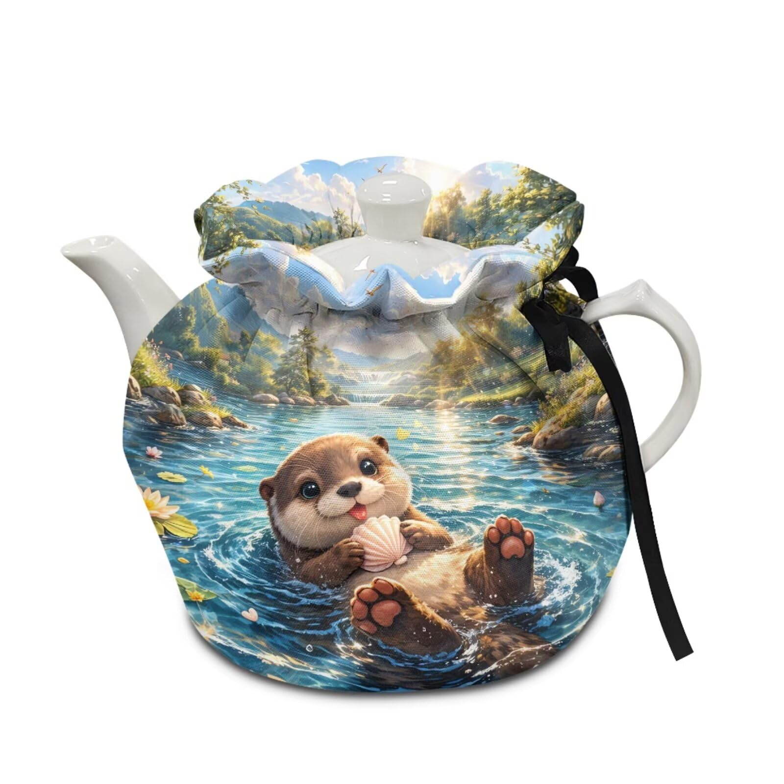 Tea Cozy Otter Print Dust Proof Insulating Teapot Dust Cover Vintage Decorative Theme Teapot Insulation Cover with Drawstring Keep Breakfast Warm