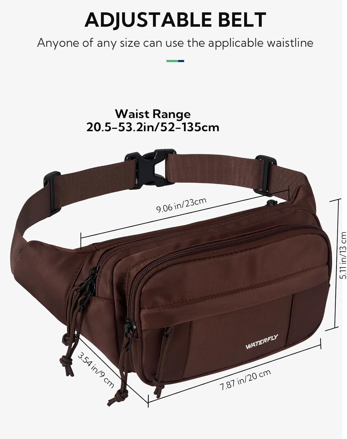 WATERFLY Fanny Pack Waist Packs: Large Crossbody Fanny Packs for Women Men with 5 Zipper Pockets Adjustable Strap Waist Bags Hip Pack for Traveling Cycling Running Hiking-Brown - Image 2