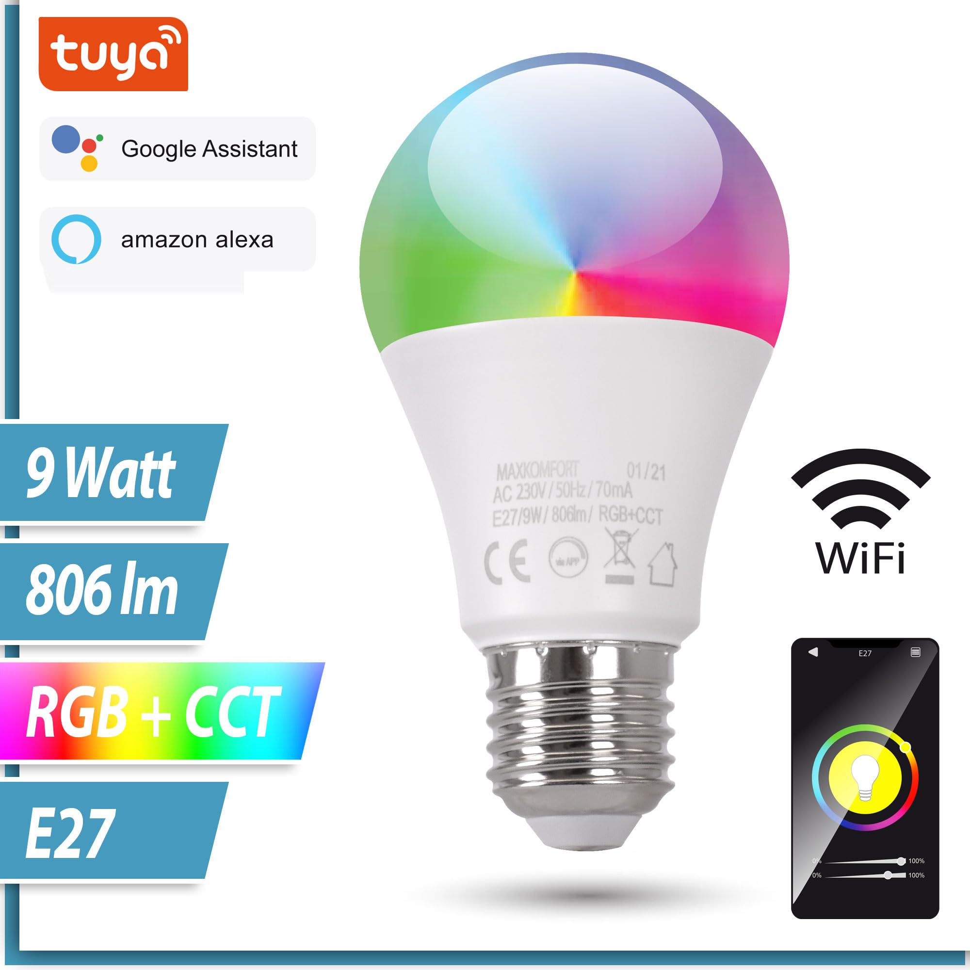 Maxkomfort SMART E27 LED Leuchtmittel RGB 9W warmweiß RGBW App Steuerung WIFI Alexa und Google kompatibel (5)