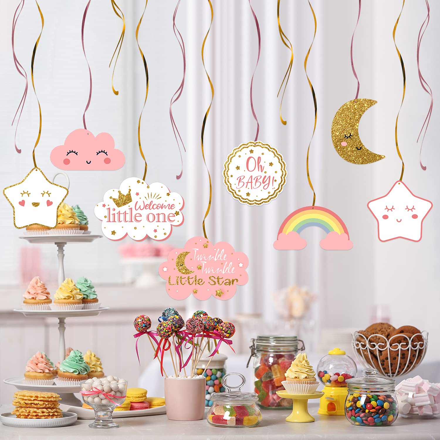 LINGTEER Twinkle Twinkle Little Star Swirls Streamers - Cheers to Baby Shower Dekoracje wiszące na przyjęcie urodzinowe - Dziewczynka.