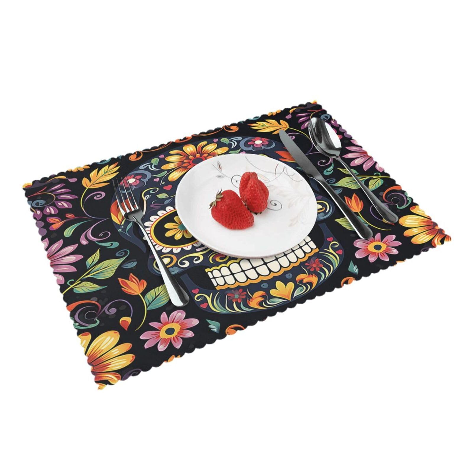 Sugar Skull Flower Day of The Dead (2) Placemats Set of 4 Print Table Mats Place Mats Table Decor for Kitchen Dining 12X18 in