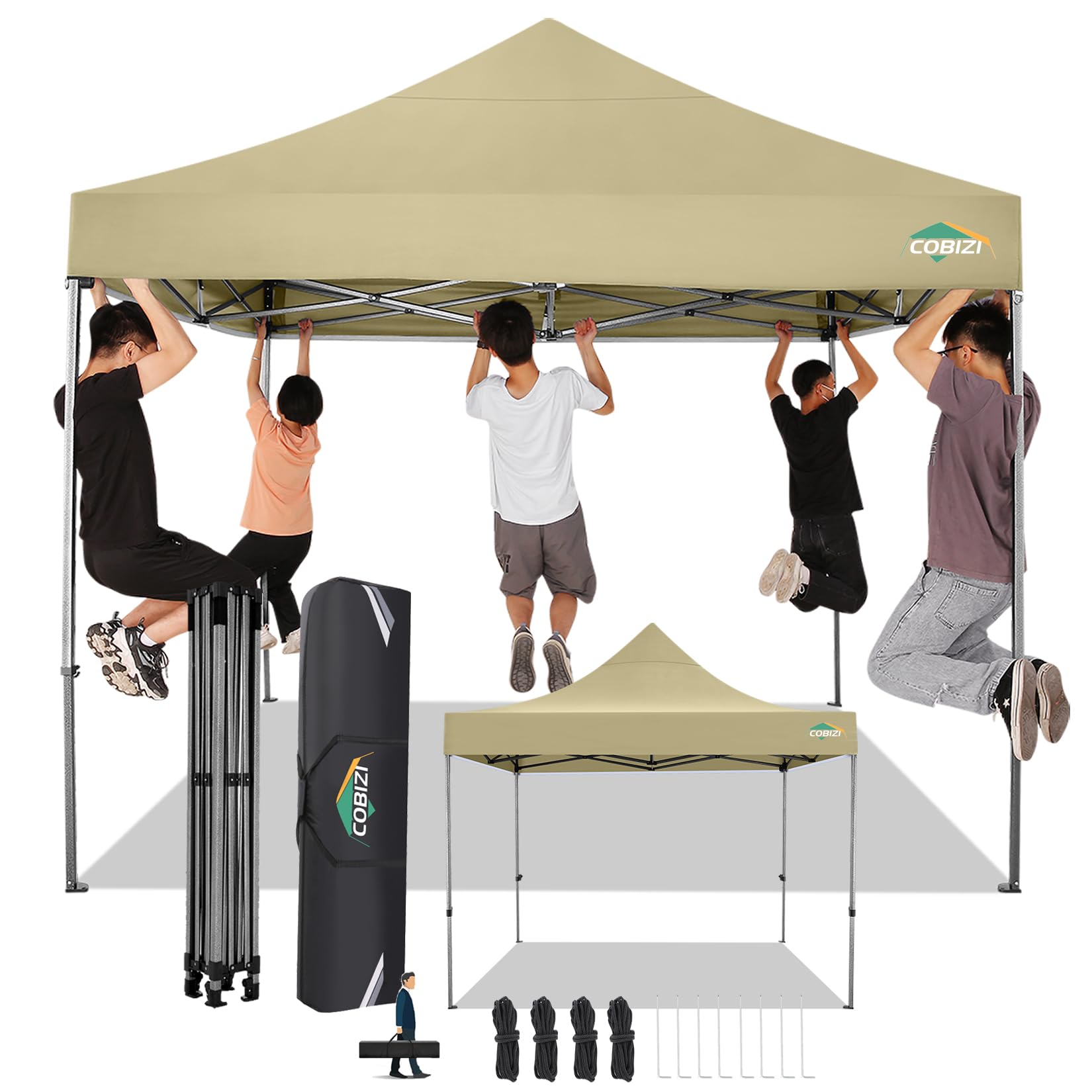 COBIZI 10x10 Pop Up Canopy Without Sidewall,Heavy Duty Canopy UPF 50+ All Season Wind Waterproof Commercial Outdoor Wedding Party Tents for Parties Canopy Gazebo with Carry Bag (10 x 10 ft Khaki)