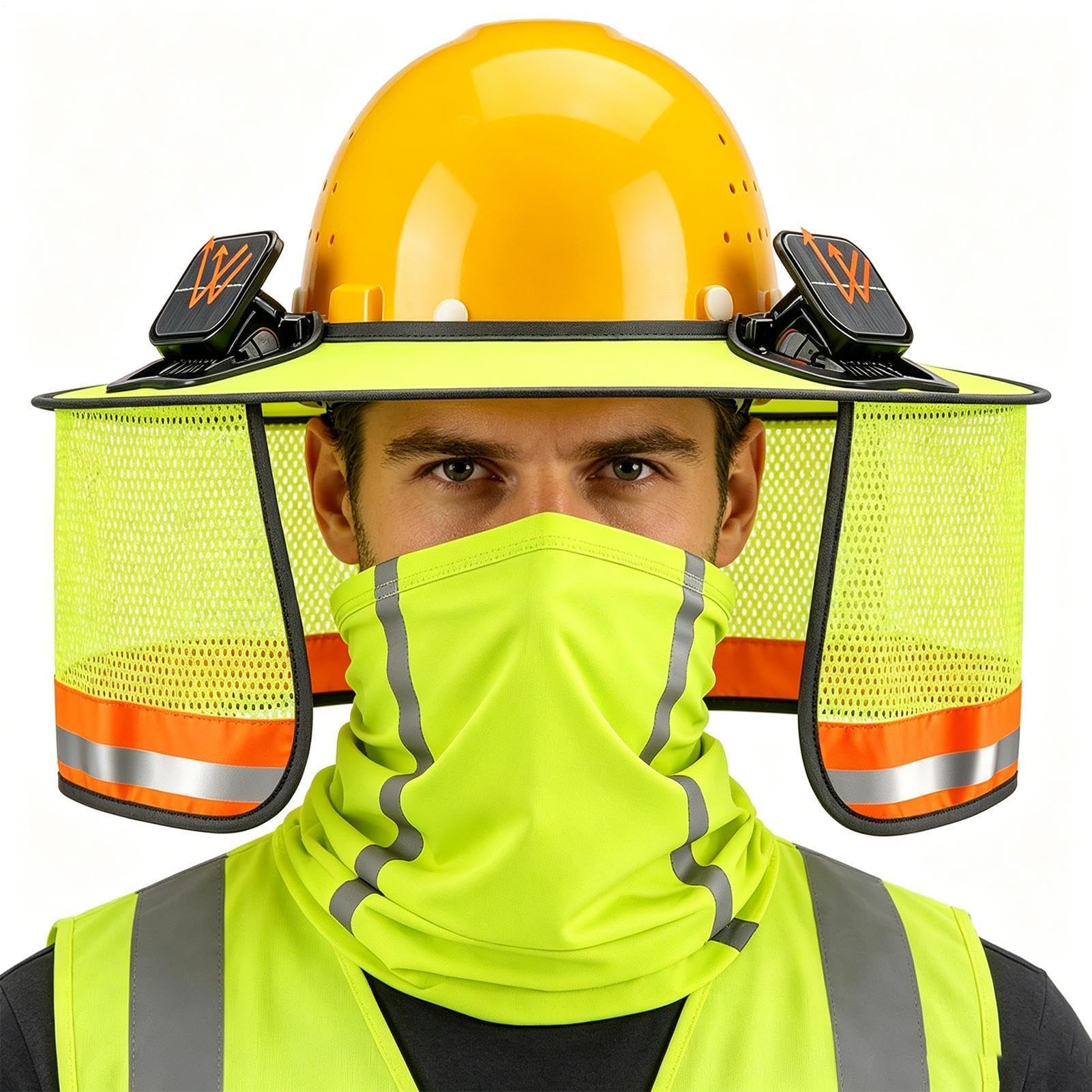 Casque de protection solaire - Écharpe tubulaire légère avec ventilateur solaire, casque de chantier, protection solaire à bord complet - Pour mesure, aménagement paysager, toiture, randonnée