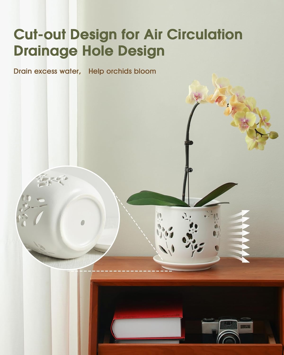 Fayoula Orchid Pot, 6.5 inch Large Orchid Pots with Holes for Healthy Growth and Easy Repotting, Premium Ceramic Orchid Planter for Indoor and Outdoor Use, (Note : Plant Not Included)