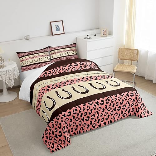 Miniatura 4 de Juego de ropa de cama de leopardo, tamaño matrimonial, juego de edredón de guepardo para niños y niñas, decoración occidental, juego de edredón rosa