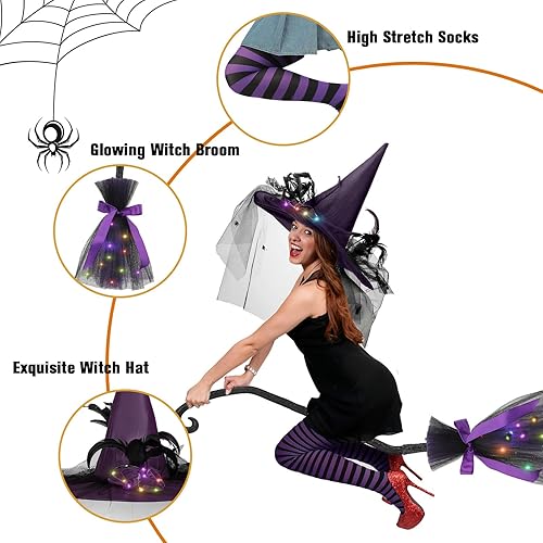 Miniatura 3 de 3 piezas de disfraz de bruja brillante de Halloween, sombrero de bruja brillante, escoba a rayas ajustadas para mujer, bruja cosplay, fiesta de