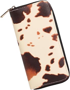 Womens Cow Print Wallet, Western Large Capacity Highland Purse, Zipper Card Cases and Money Organizers Cow Stuff Gifts for Ladies