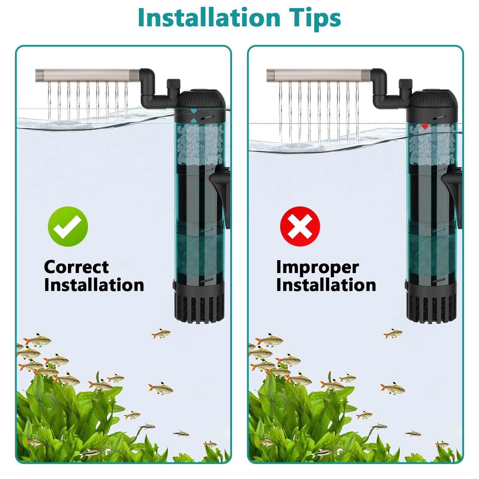 AQQA Aquariumfilter, 600 l/h, starker Durchfluss, 8 W, leise Aquarium-Filterpumpe mit 3-stufiger Filtration für Tanks bis zu 200 l