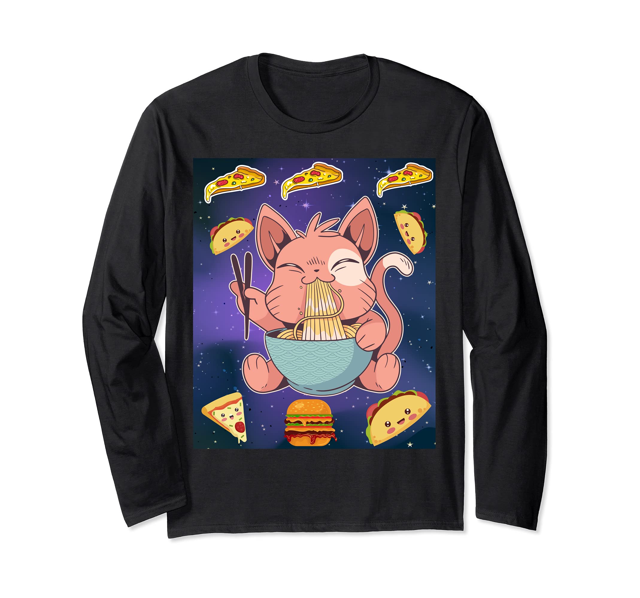 Astronaut Space Cat Kawaii Japanese Anime Taco Pizza Burger Long Sleeve T-Shirt