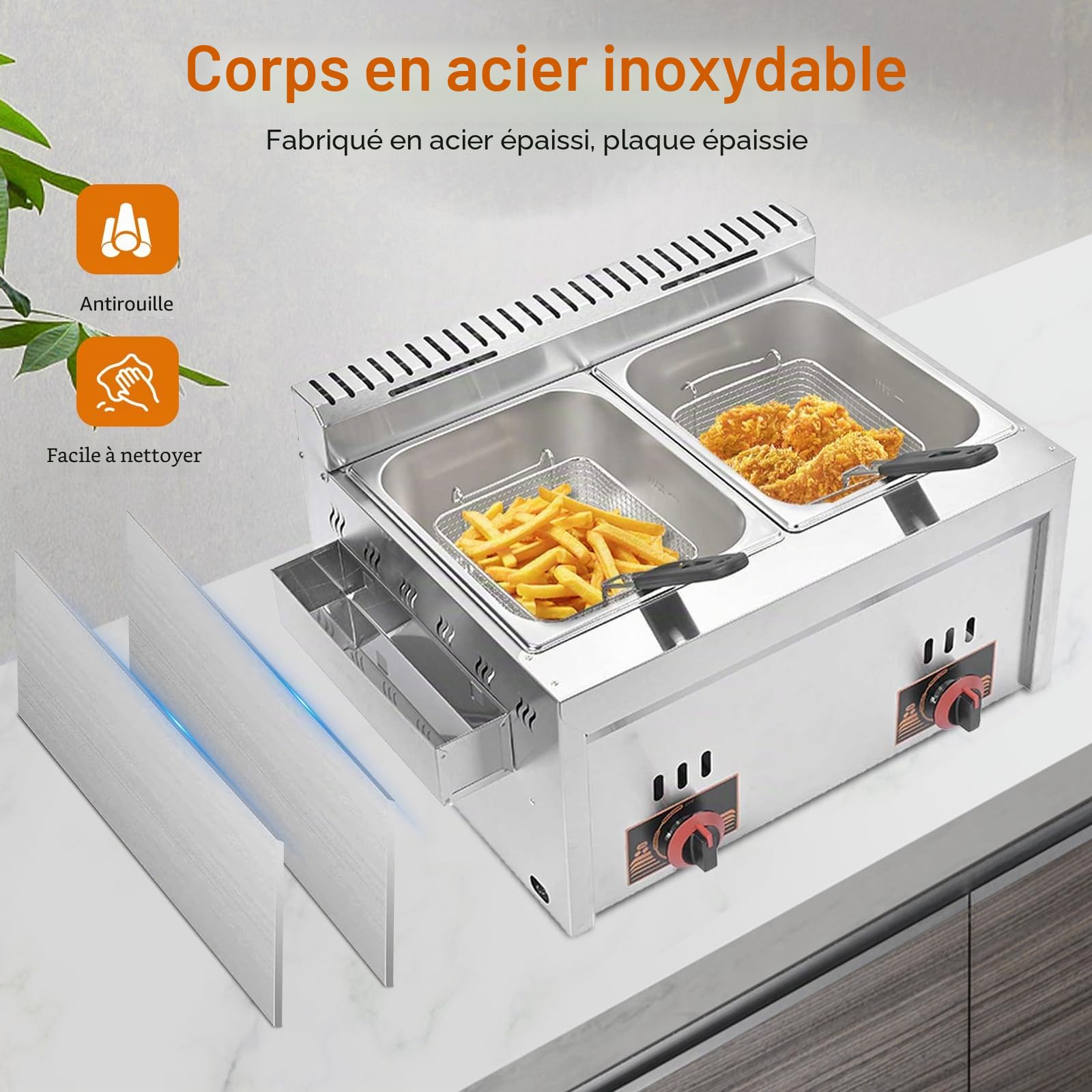 Friteuse à gaz professionnelle de 20 l double friteuse à gaz grande capacité multifonction en acier inoxydable facile à nettoyer pour usage domestique et commercial