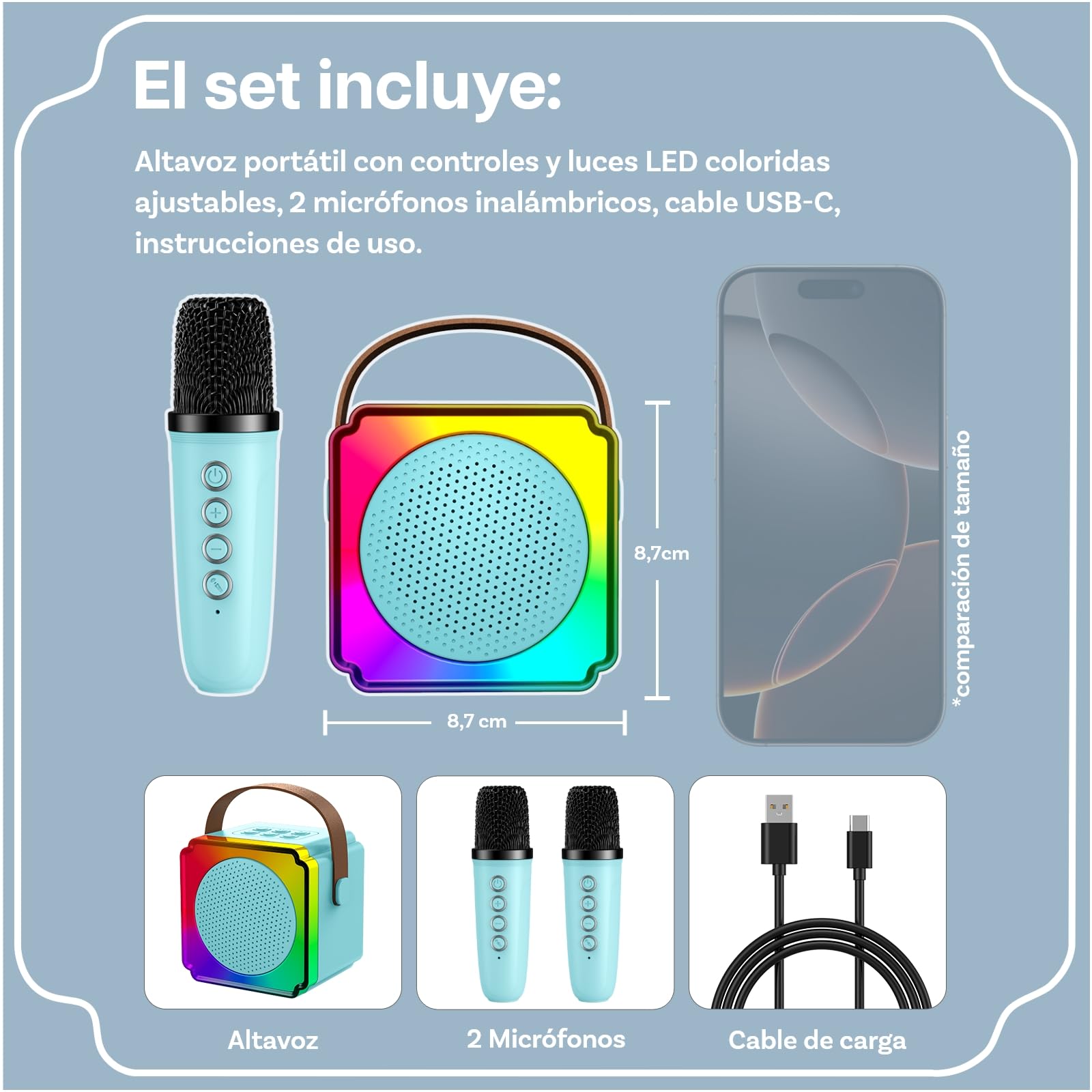 Karaoke para Infantil por MMOBIEL - Karaoke Bluetooth - Altavoz Portátil, 2 Microfonos Inalambricos, Luz LED, Efectos de Voz - Canta, Música Fiesta - Regalo para Niña, Niños, Infantil 3+ Años – Azul