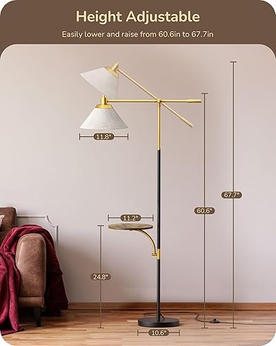 Miniatura 6 de EDISHINE Lámpara de pie de arco de 68 pulgadas con mesa, lámpara de pie vintage para sala de estar con bandeja, altura ajustable, bombilla LED de 5
