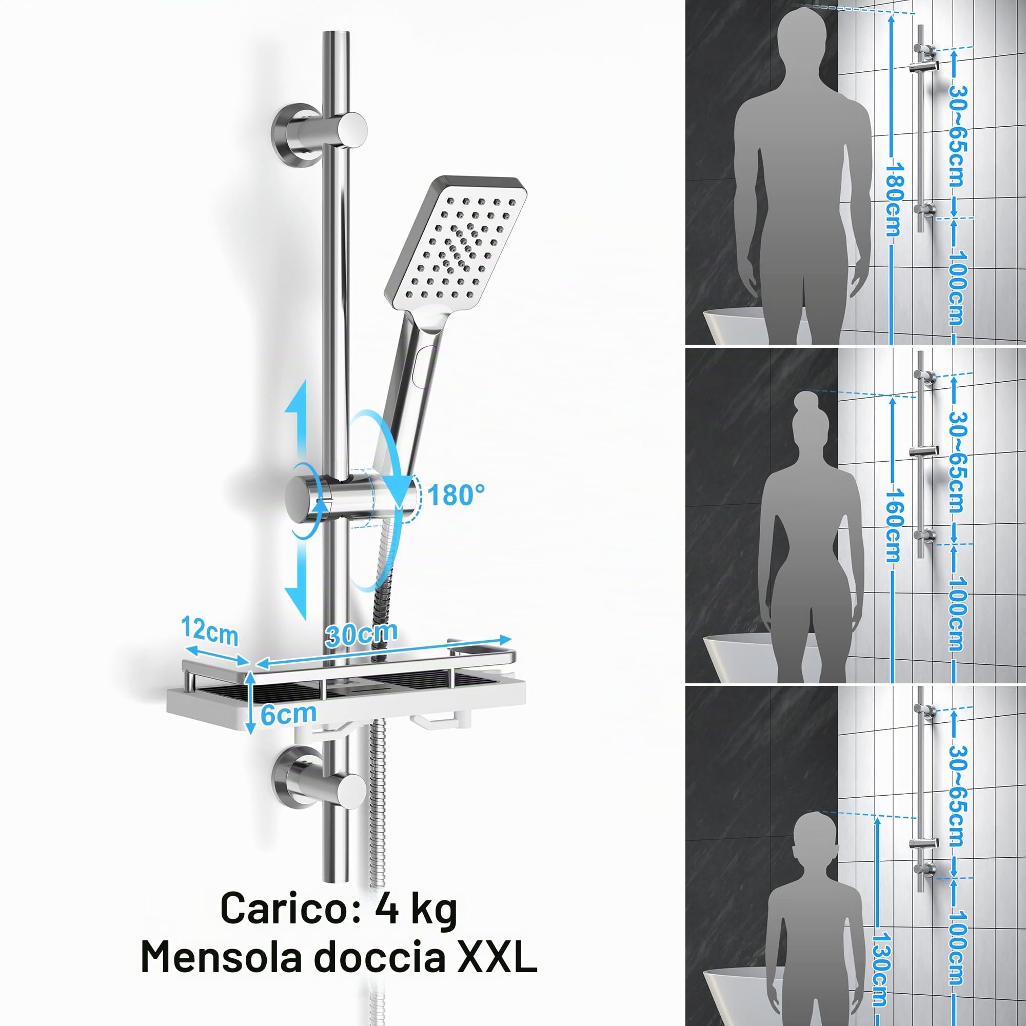 Görbach Saliscendi Doccia con Soffione 3 Getti, Asta Doccia Acciaio inox con Supporto per Doccetta e Tubo, Colonna Doccia Senza Miscelatore Adattarsi ai Fori Esistenti con Mensola doccia, 70 cm Cromo