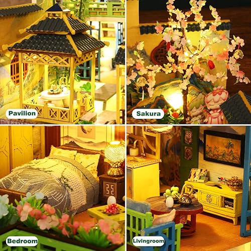 Miniatura 4 de Yuzhen Casa de muñecas en miniatura con muebles y luces LED mini casa de madera de estilo japonés incluye cubierta de polvo y movimiento musical