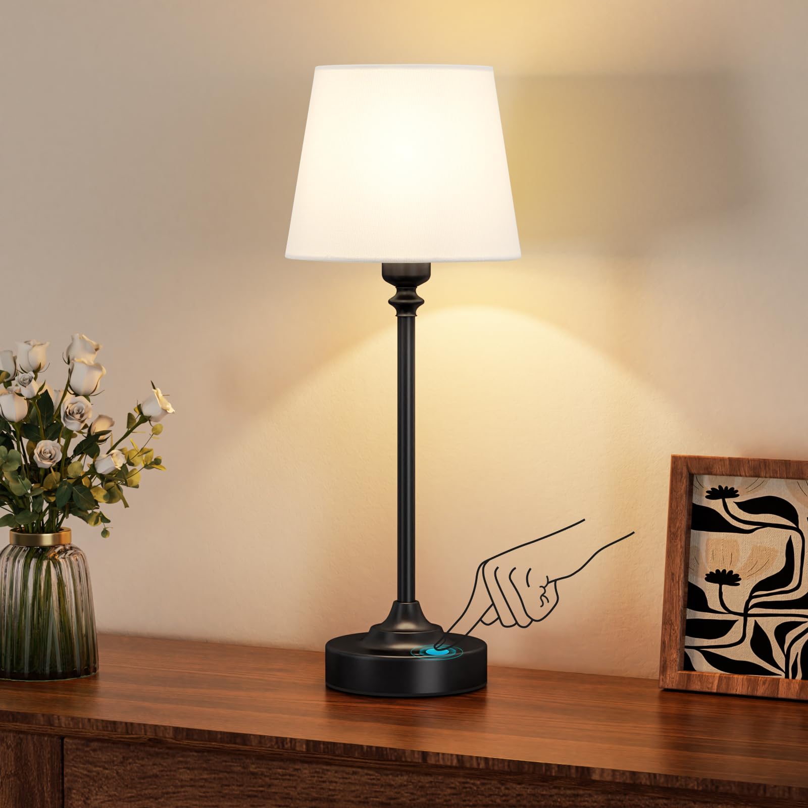 PreeOtti Tischlampe Kabellos, Touch LED Nachttischlampe Akku, Stufenlos Dimmbar, Weißer Leinenschirm, Wiederaufladbare Lampe mit USB-C Anschluss für Nachttisch Esszimmer Wohnzimmer Deko(Schwarz)