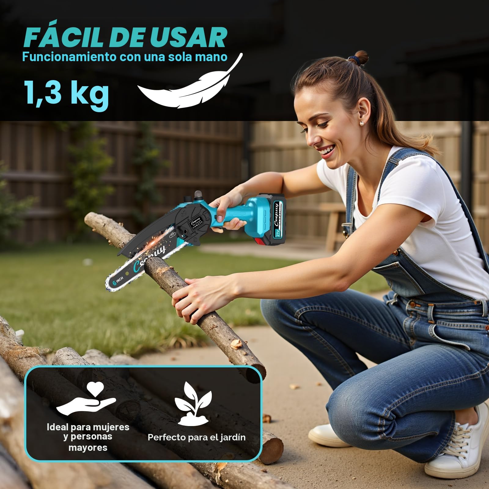 Mini Motosierra Batería 6 Pulgadas 2×4000mAh, Sierra Eléctrica Inalámbrica con Depósito de Aceite, Portátil para Podar Jardinería y Árboles