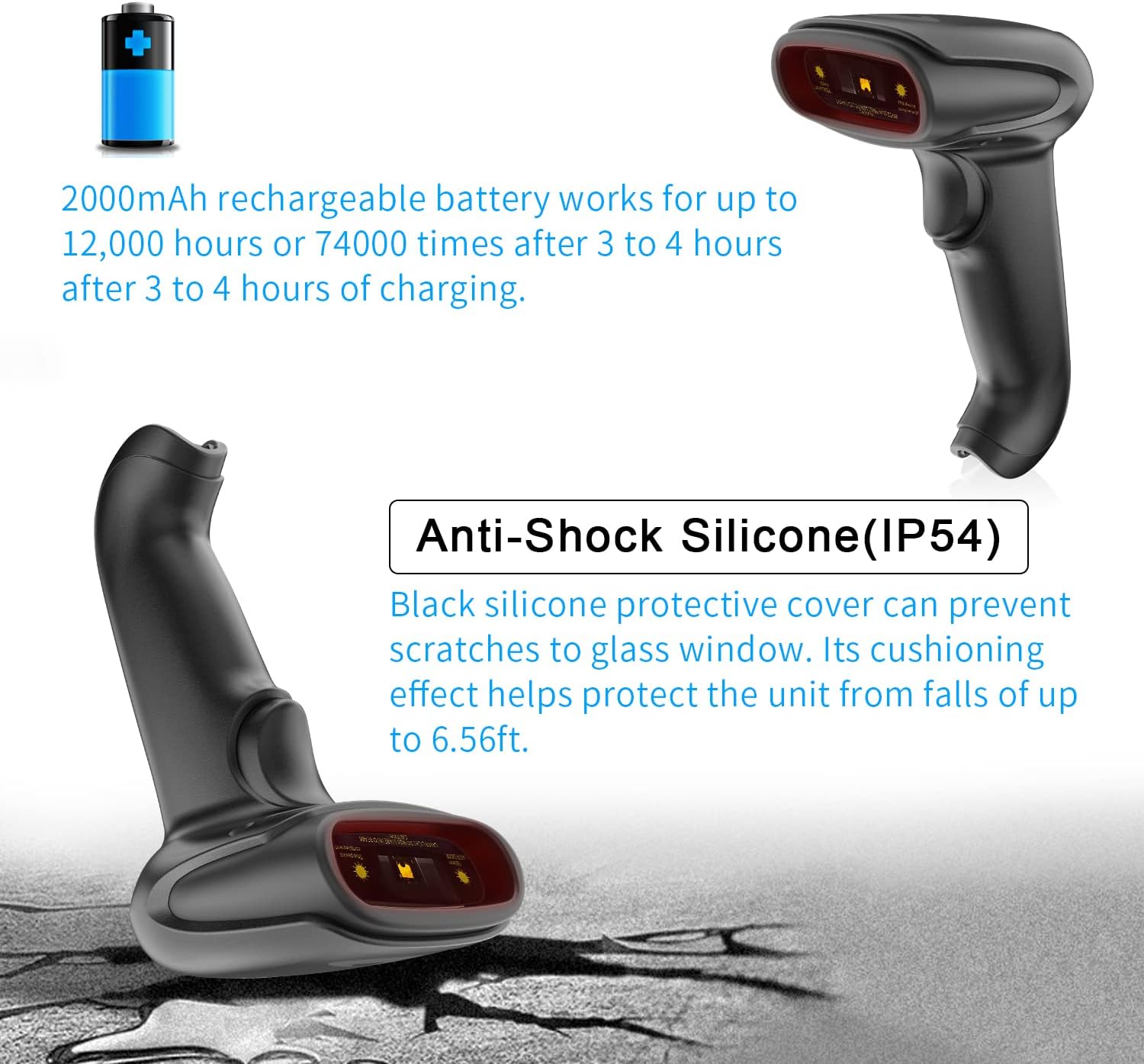 Image highlighting the anti-shock silicone protection and IP54 rating of the scanner