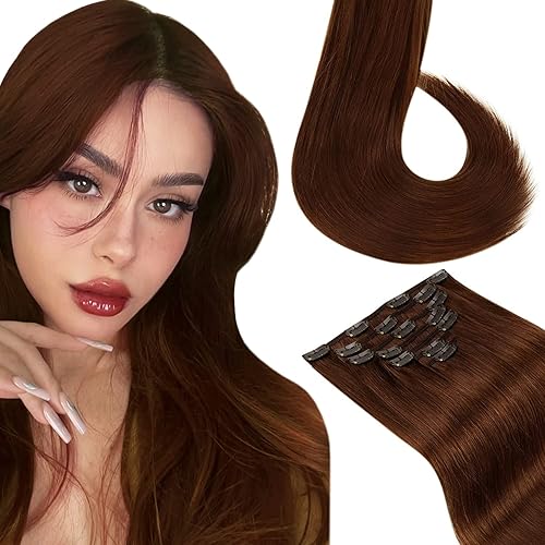 LaaVoo Clip in Human Hair Extensions 14inch Auburn Brown Remy Human Hair Clip in Extensions Invisible Real Hair Extensions Clip in Hair Extensions Auburn Brown Double Weft Silky Straight 7Pcs 120g