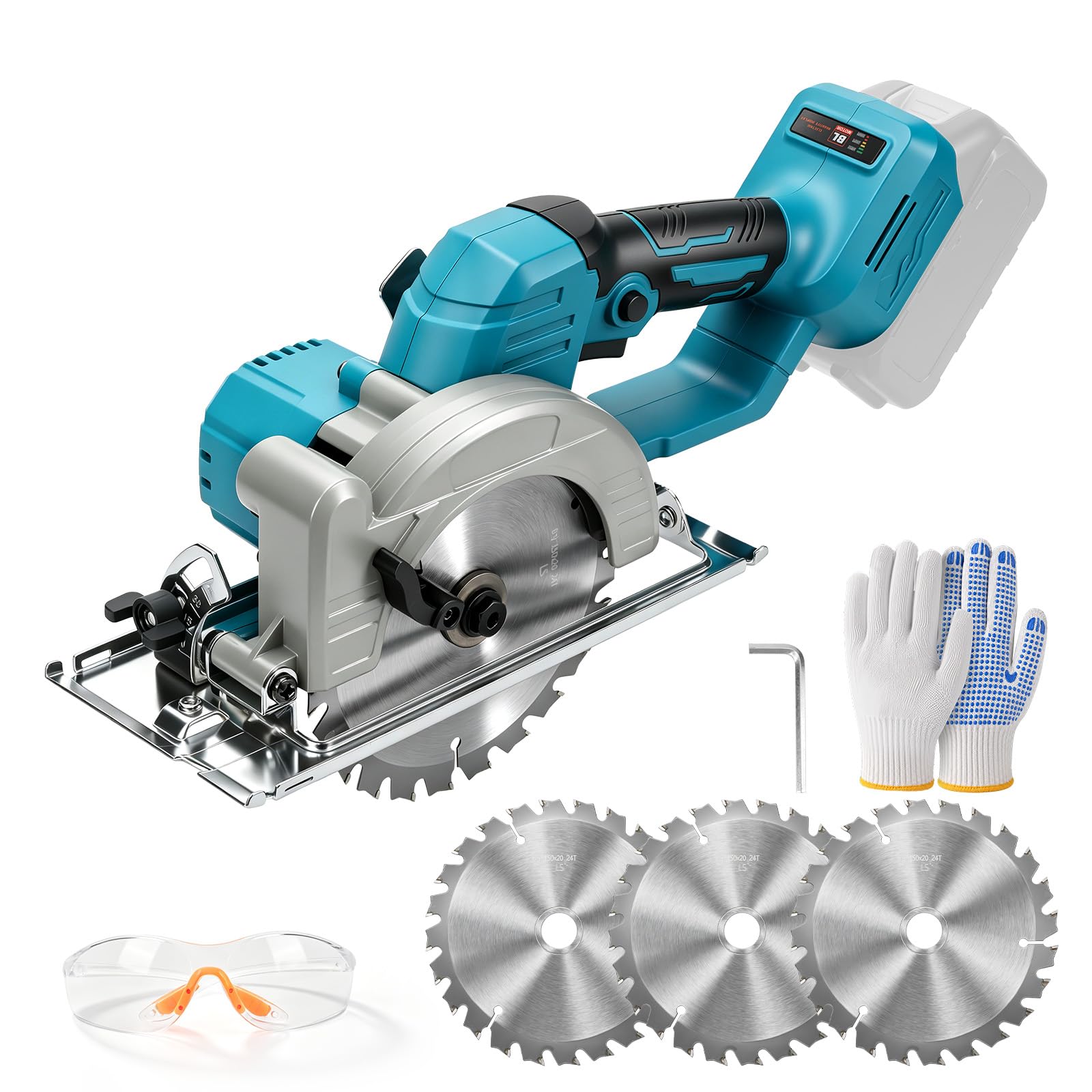 Sierra Circular a batería 6 Pulgadas para Makita 18V (sin Batería) | 400 W, mini sierra circular sin escobillas, 3 hojas, inclinación 45°, corte máx. 54 mm, Guantes, Gafas