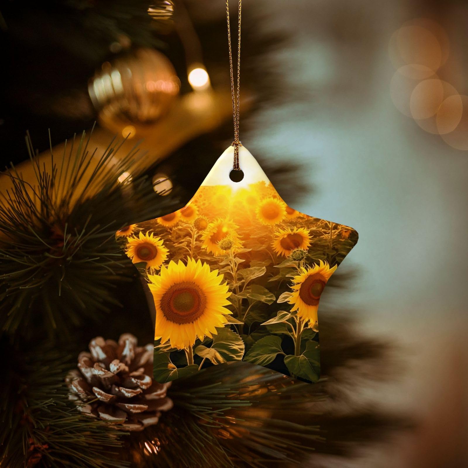 Christmas Ornaments for Christmas Tree Decoration Hanging Sunshine Sunflower Field Ornament with Gold Ribbon Crafts Star Shape Ceramic Pendant for Keepsake Gifts Xmas Decor Party Supplies