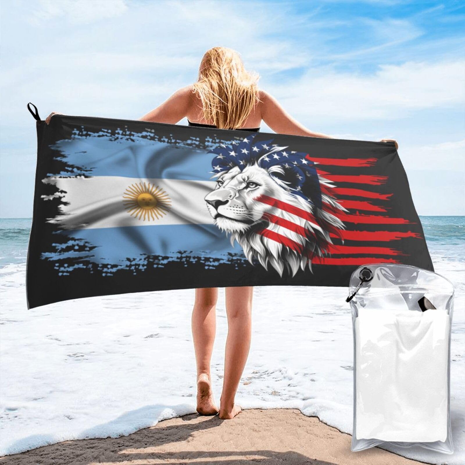 HACXZ Microfiber Beach Towel America Flag and Argentina Flag Large Camping Towel Bathroom Beach Towels