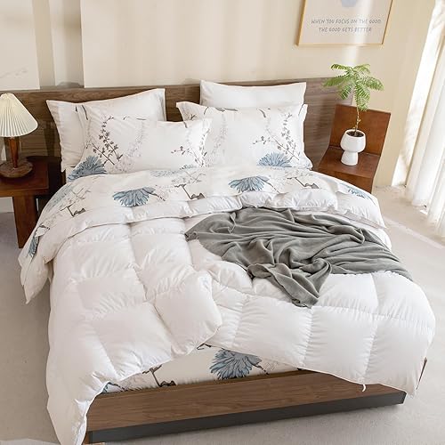 Miniatura 7 de Lady Ann Sábanas florales 100% algodón tamaño matrimonial, flores azules impresas en blanco roto sábanas botánicas de algodón tamaño matrimonial