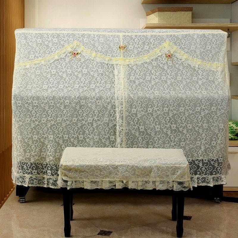 Klavier-Staubschutz, Klaviertastatur-Abdeckung, 150 x 120 x 40 cm, Spitzen-Rüschen-Staubschutz for aufrechte Klaviere mit Hocker-Abdeckung, vollständige Abdeckung for aufrechte Klaviere, Stoff-Sonnens