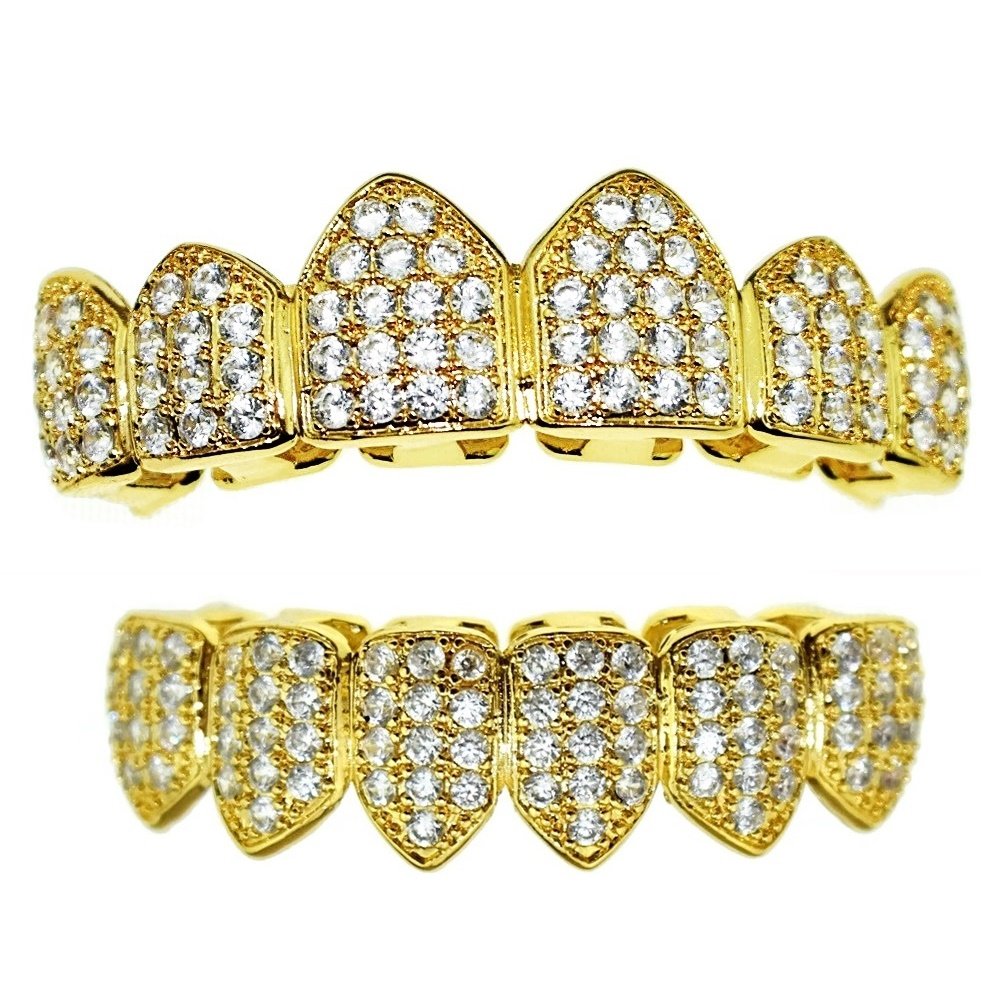 18K Gold Plated Grillz - CZ Iced Out Teeth Top & Bottom Set 2.7ct Micropave Lab Simulated Diamonds - BEST Gold Teeth Grills