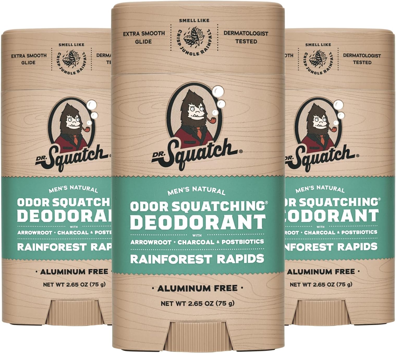Dr. Squatch Rainforest Rapids Natural Deodorant for Men, Aluminium Free, 3 Pack, 2.65 Oz, 3 Pack
