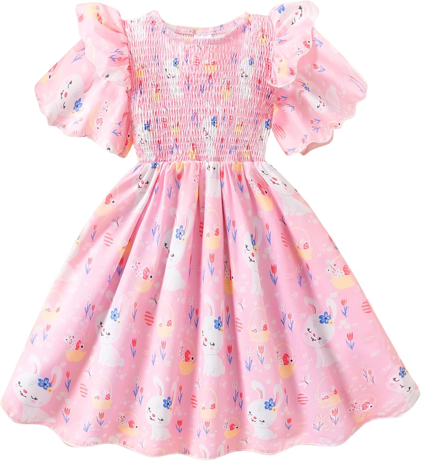 Little Girls Dress Ruffle Sleeve Floral Smocked Dresses Kids Casual Outfits Toddler Summer Tiered Boho Sundress 2-7T