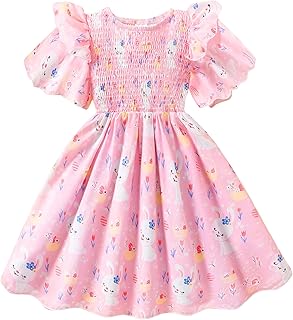 Little Girls Dress Ruffle Sleeve Floral Smocked Dresses Kids Casual Outfits Toddler Summer Tiered Boho Sundress 2-7T - Buy now