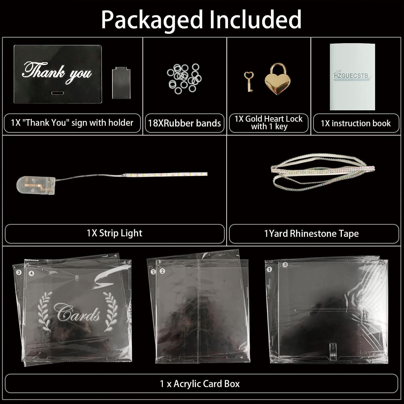 LED Acrylic Wedding Card Box,DIY Envelop Money Clear Card Box with Lock Strip Light and Rhinestone Tape,Large Acrylic Wedding Card Boxes for Reception Graduation Birthday Baby Shower