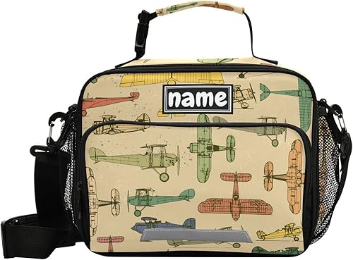 Bolsa de almuerzo con diseño vintage de aviones y helicópteros para niños y niñas, con tu nombre, lonchera aislada para la escuela, picnic, viajes