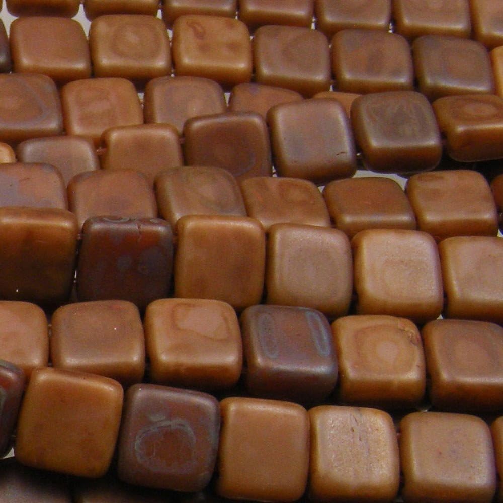 CzechMate 6mm Square Glass Czech Two Hole Tile Bead - Brown Caramel Picasso