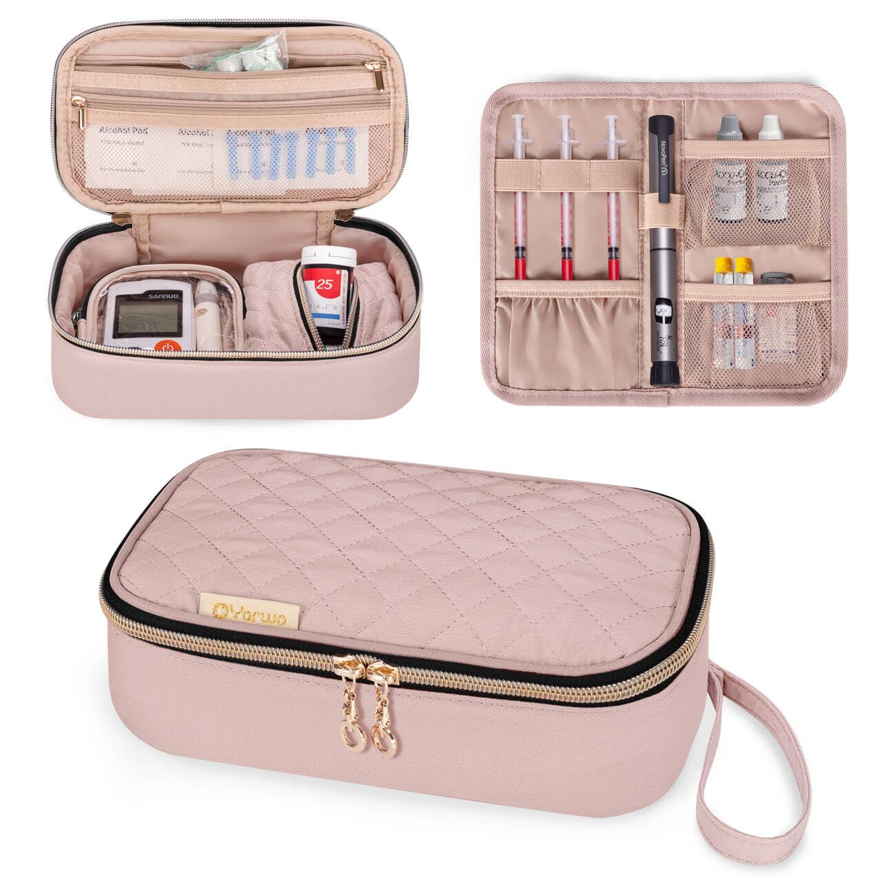 YARWO Diabetic Travel Case for Blood Glucose Monitor, Test Strips, Insulin Syringes, Diabetes Supplies Storage Bag with 2 Detachable and 1 Folding Pouches for Diabetic Care Kits, Dusty Rose (Bag Only)