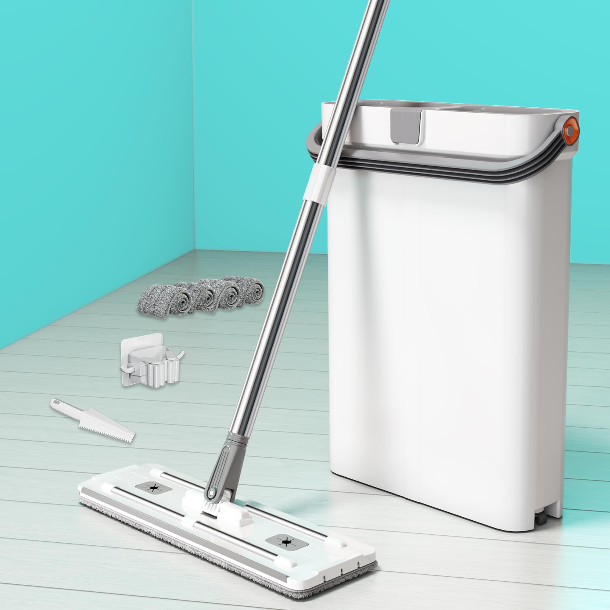 Mop and Bucket with Wringer Set, 16'' Large Household Cleaning Tools with 4 Microfiber Pads, Wet and Dry Use, Home Floor Cleaning System for All Floor Types and Windows