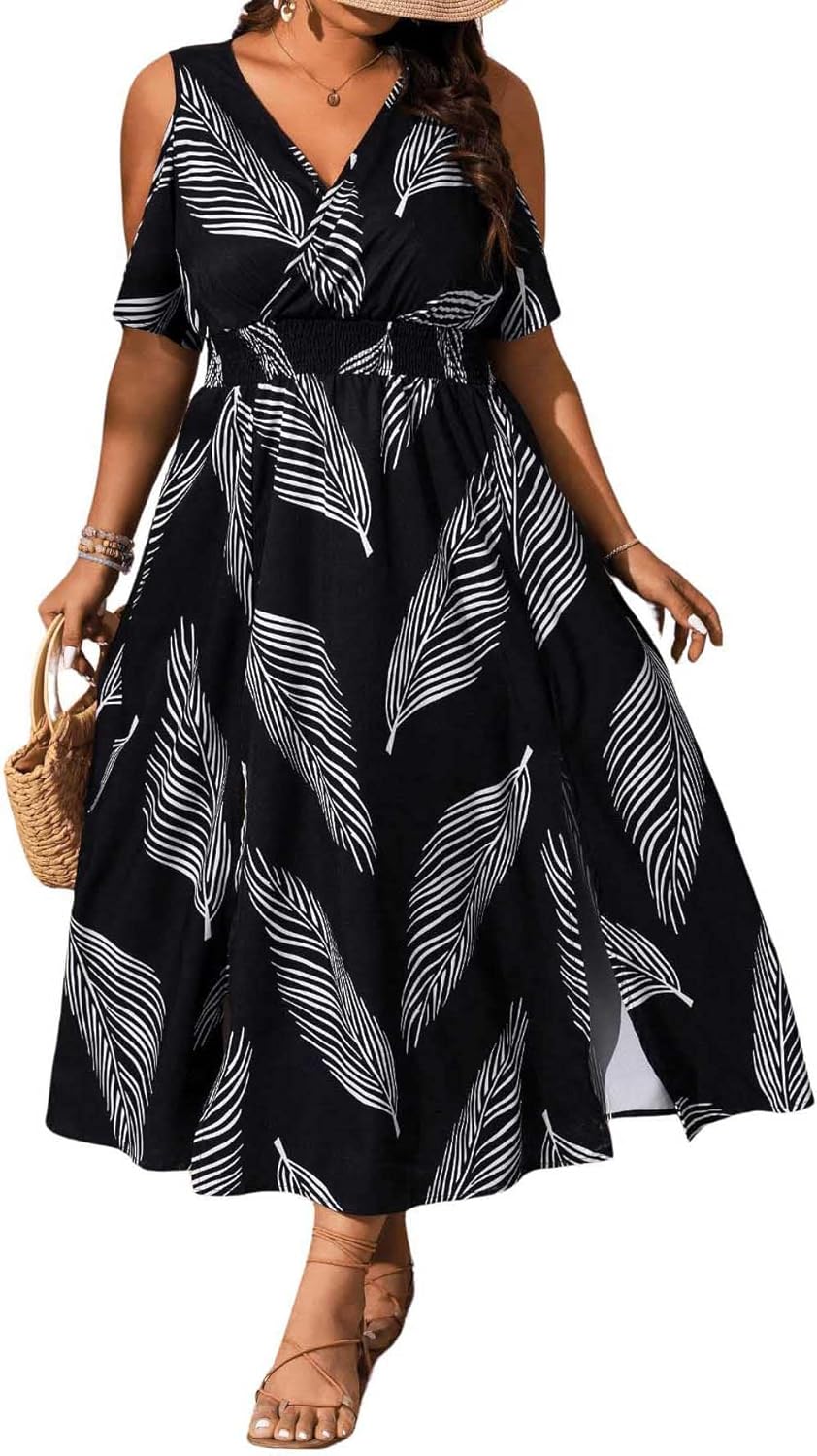 Floerns Women's Plus Size Cold Shoulder Tropical Print V Neck Flared A Line Long Dress - Image 3