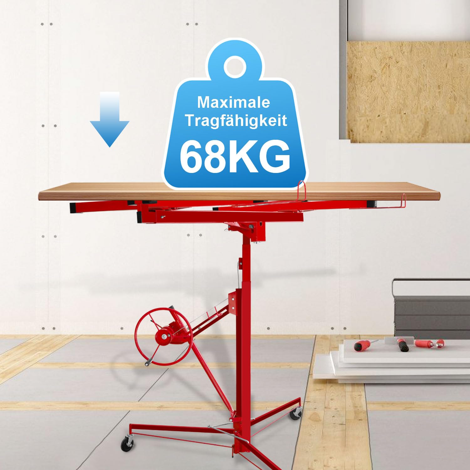 Elevador de placas en seco, XXL, plegable, hasta máx. 68 kg, elevador para placas de yeso, altura regulable de 140 a 325 cm, ancho de carga de 290 cm, con 3 ruedas, para techos y paredes (rojo)